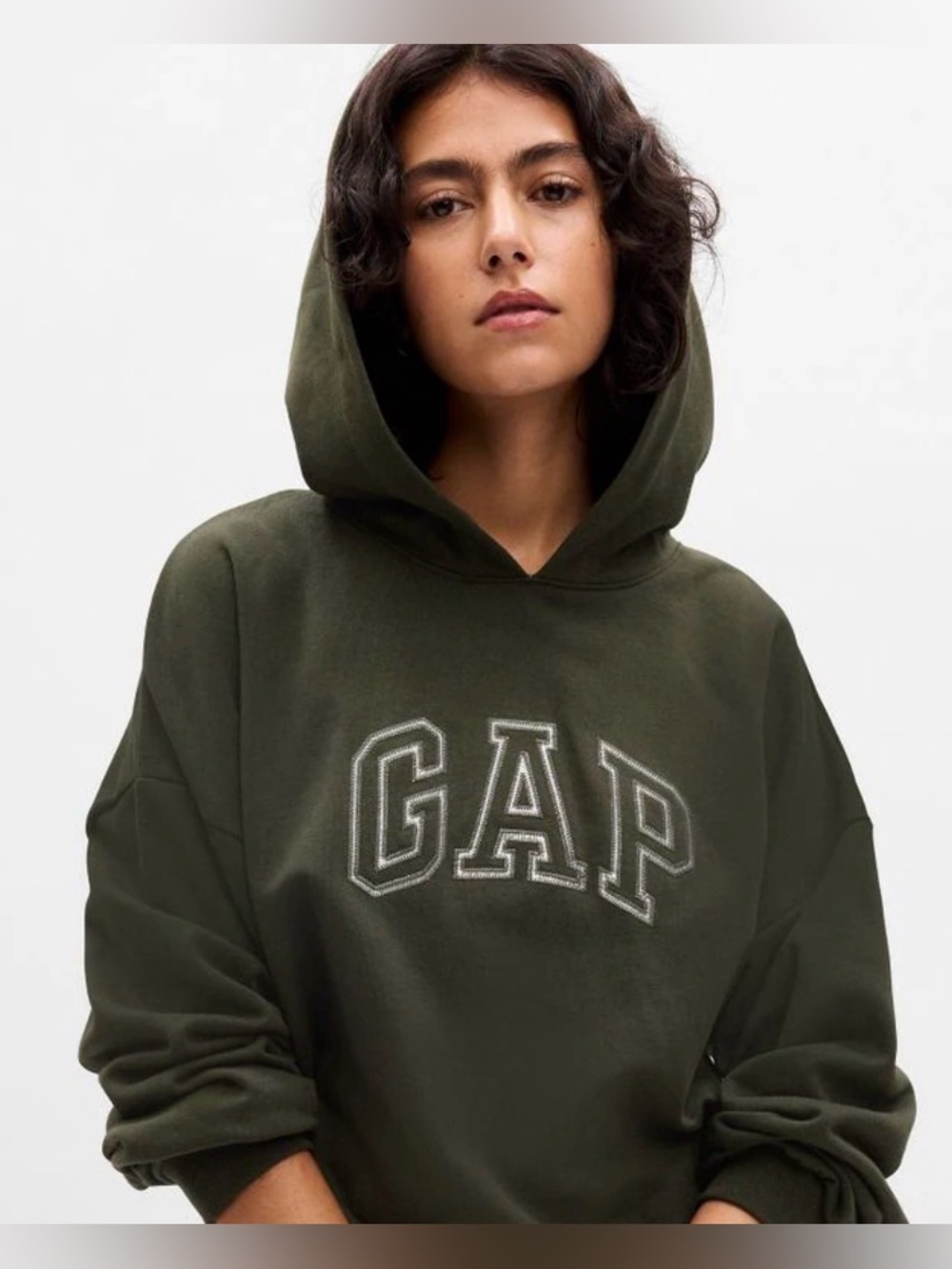 NEW GAP Dark Olive Pullover Hoodie with Contrast Camo Logo size large